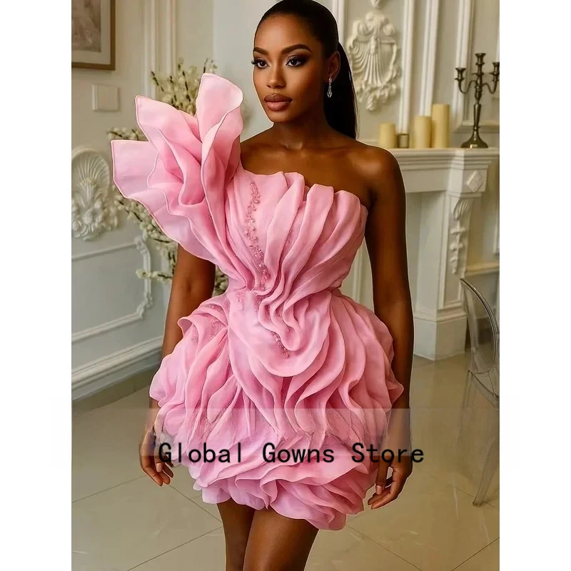 Asymmetric Ruffle Mini Cocktail Dress One Shoulder Chiffon Bead Prom Party Dress Puffy Tiered Floral Short Prom Gown Customized image 5