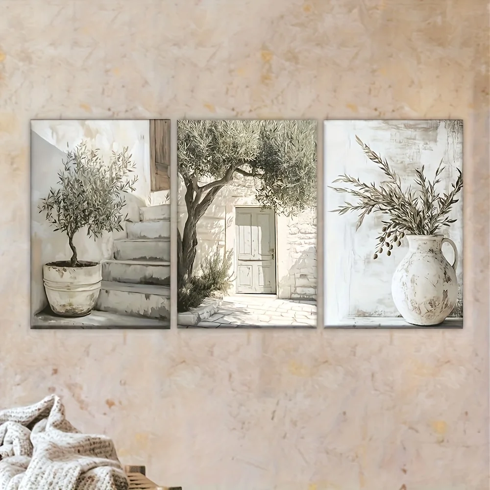 2D Flat,Frameless Canvas Poster,Retro Art Olive Tree,Mediterranean Landscape Wall Art Prints,Bedroom Kitchen Corridor Wall Decor