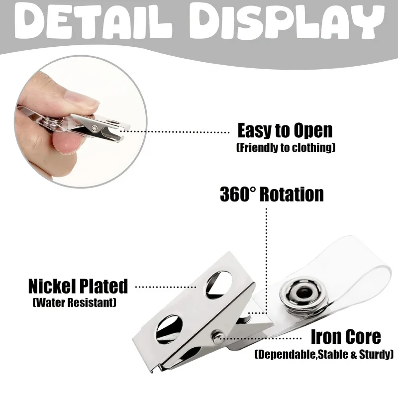 2D Metal Badge Holder 5 One Pack, Transparent PVC Belt, High-Quality Single-Hole Metal Badge Clip, Suitable for ID Cards, Badge,