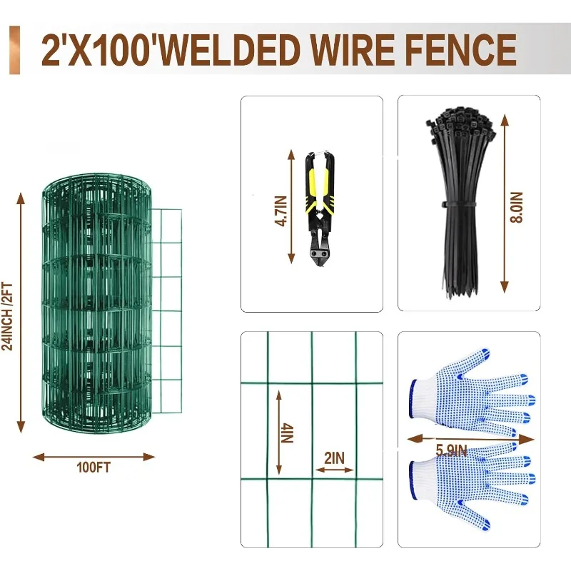 2 ft x 100 ft Green PVC Coated Welded Wire Fence, 16GA Garden Chicken Wire Fence Roll, Mesh Size 2