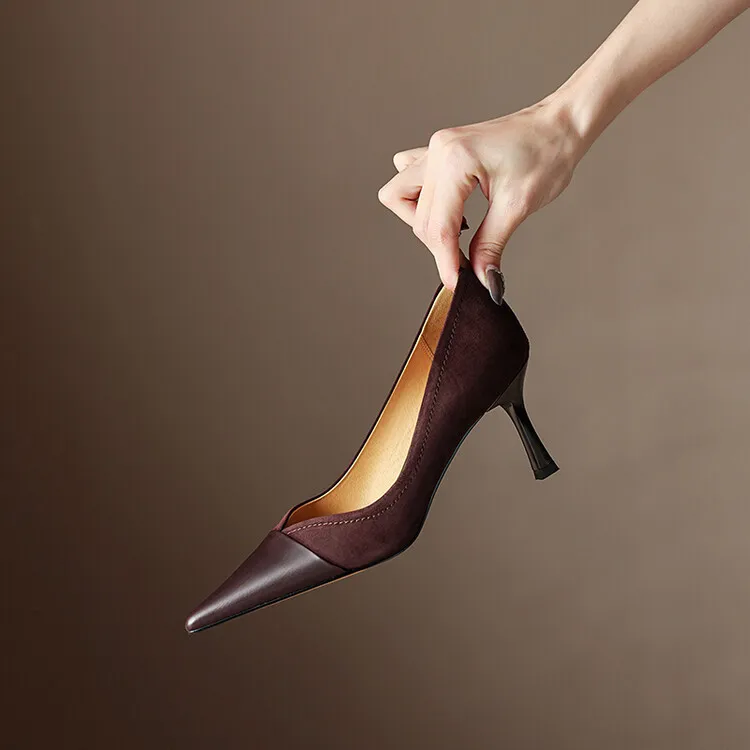 

2023 New Stitching High Heels Women's Single Shoes Pointed Thin Temperament Hollowed Out Apricot Matching Shallow Mouth