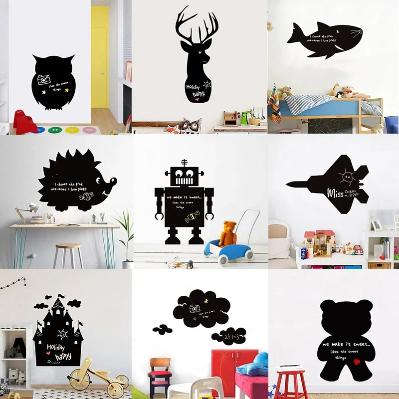 PVC Cute Removable Blackboard Bulletin Message Black Board Sticker Cartoon Lovely Blackboard Cat Bear Shark Deer Pattern Sticker