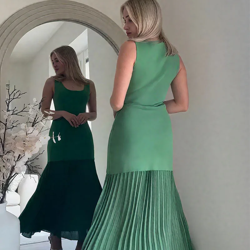 Gebreide lange jurken zomer patchwork geplooide vrouwelijke jurk groen korset mouwloze gehaakte jurk feest elegante jurken vrouw