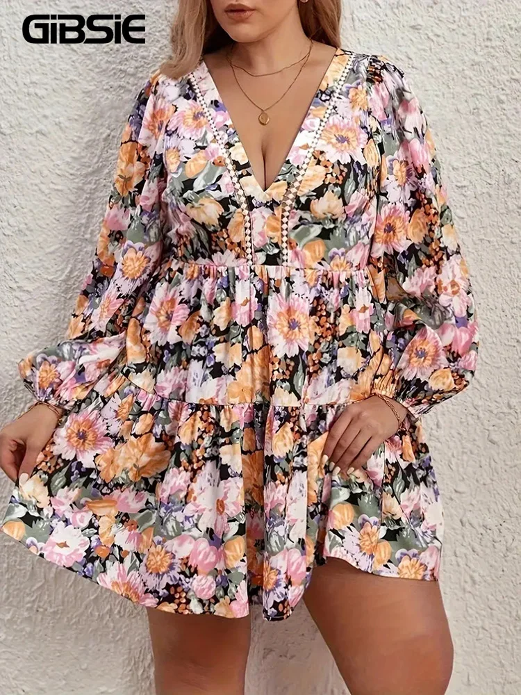 GIBSIE Plus Size Deep V-Neck Tie Backless Ruffle Hem Dress Women Autumn New Vacation Floral Print Big Swing Boho Mini Dresses