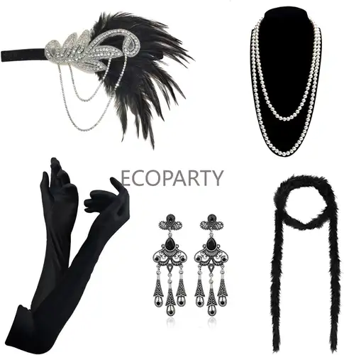 New 1920s Accessories Sets Costume Great Gatsby Feather Headband Earrings Gloves Pearl Necklace for Women Ladies Disfraz Neon - Image 9