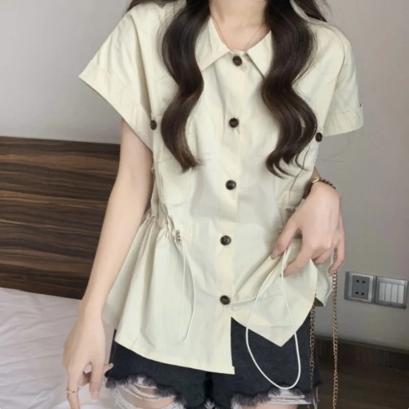 

Women's Short Sleeve Shirt Drawstring Waist Slim Fit Blouse Casual Turn Down Collar Pocket Design Summer Top