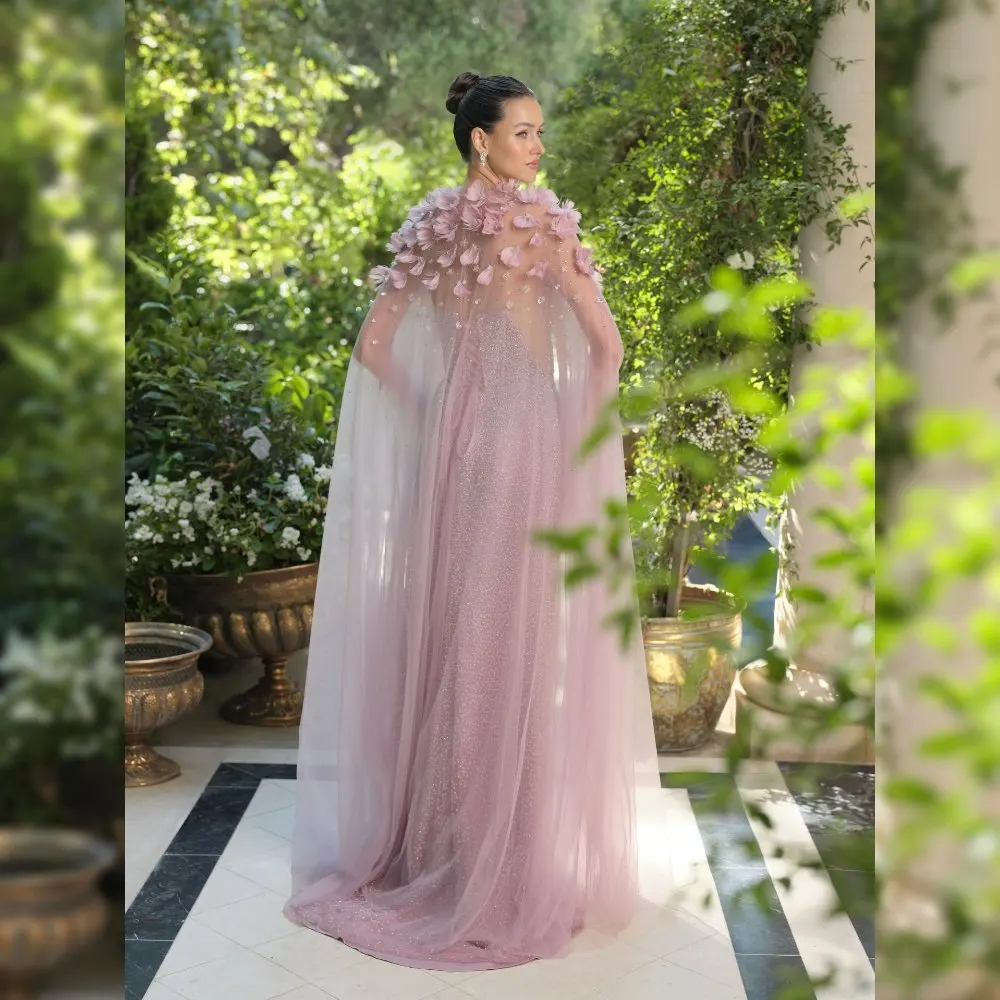 

Pink 3D Flower Cape for Wedding Bride - Sparkling Beaded Tulle Sheer Capelet with Long Train Formal Prom Evening Gown Overlay