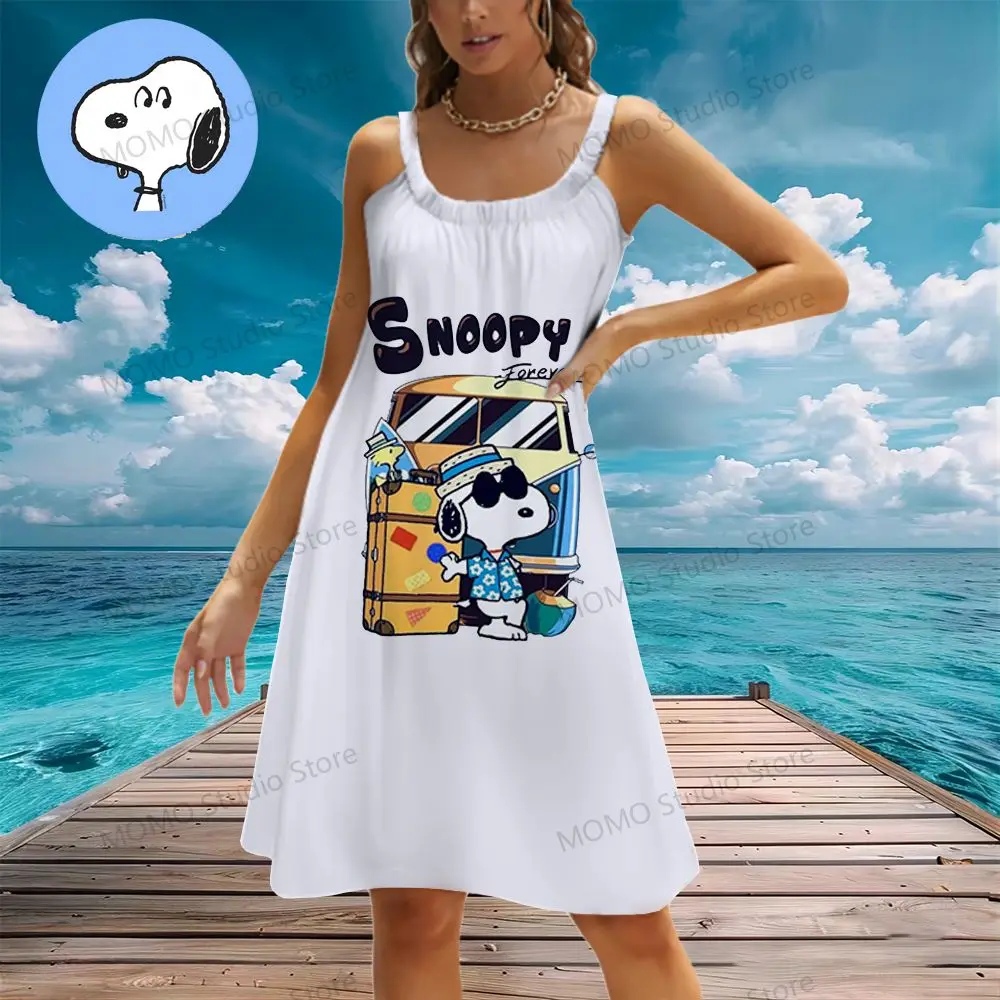 Snoopy Kawaii Women's Beach Dresses Sling Youthful Woman Clothes New Dress Y2k Boho Summer S-3XL 2024 Fashion