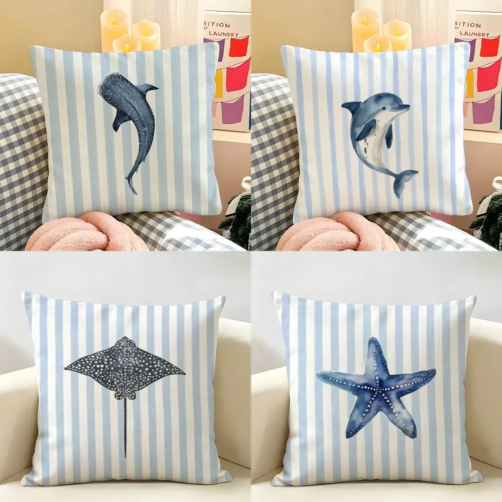 Simple Striped Marine Animals Cushion Cover Natural Linen Organic Fabric Double-Sided Printing Room Sofa Decor Pillow Case