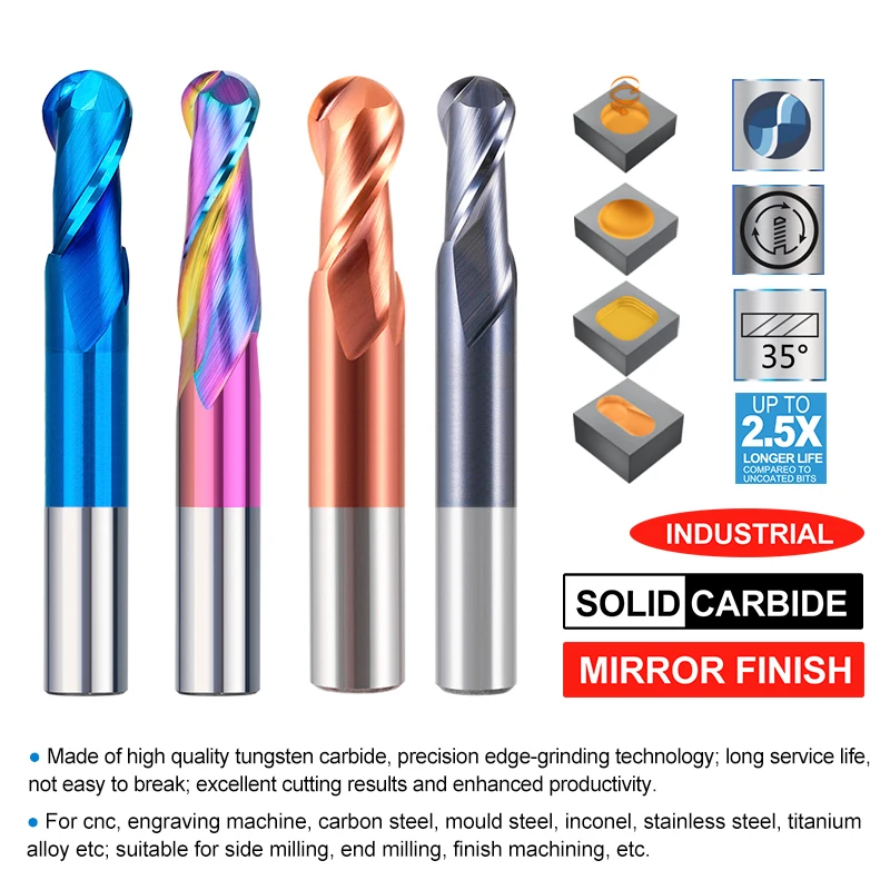 XCAN Milling Cutter Ball Nose End Mill R0.5-R8 Spiral Carbide Milling Bit Metal Milling Tool Cutter 2 Flute CNC Router Bit