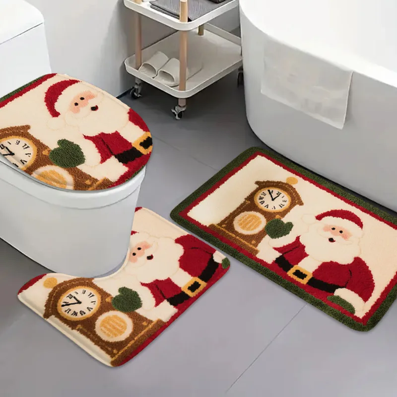 

3PCS Christmas anti slip absorbent pad cartoon Santa Claus holiday bathroom decoration set flannel door carpet