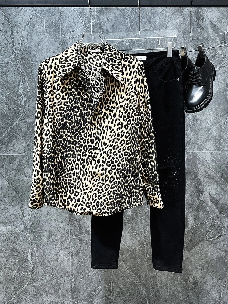 

Повседневная мужская рубашка с большим воротником и леопардовым принтом, универсальная, модная, весенне-летняя, свободного кроя, с длинными рукавами, на пуговицах