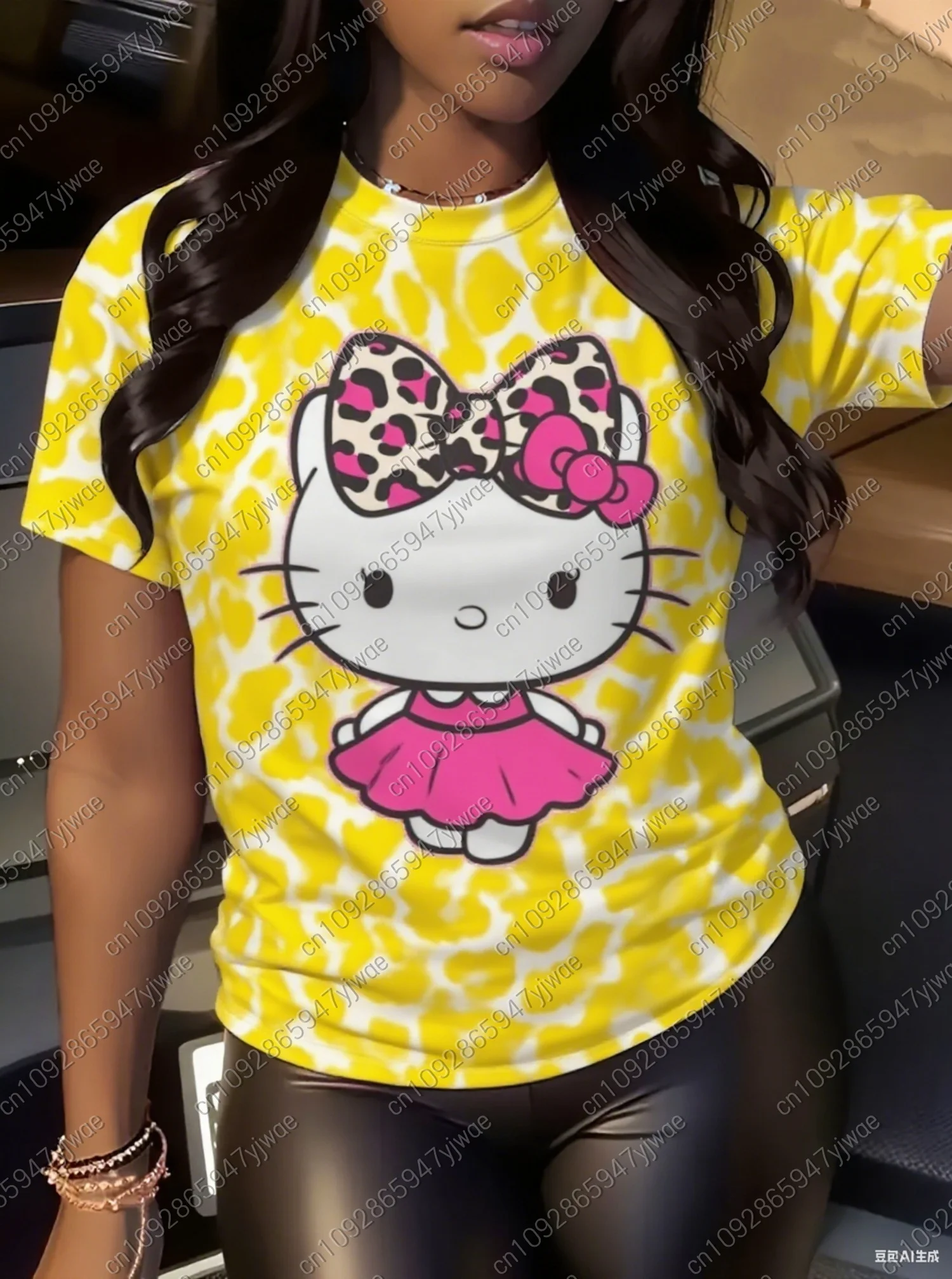 2025 Donna Leopard KITTY Stampa Donna Estate Basic Manica corta O-Collo Tees Casual Retro Ladies Sport Plus Size Abbigliamento donna