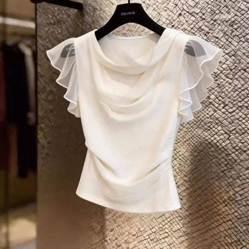Solid Hollow Out Pleated Net Yarn Patchwork Elegant Tops Women Clothing Short Sleeve Temperament T Shirts Office Korean Summer