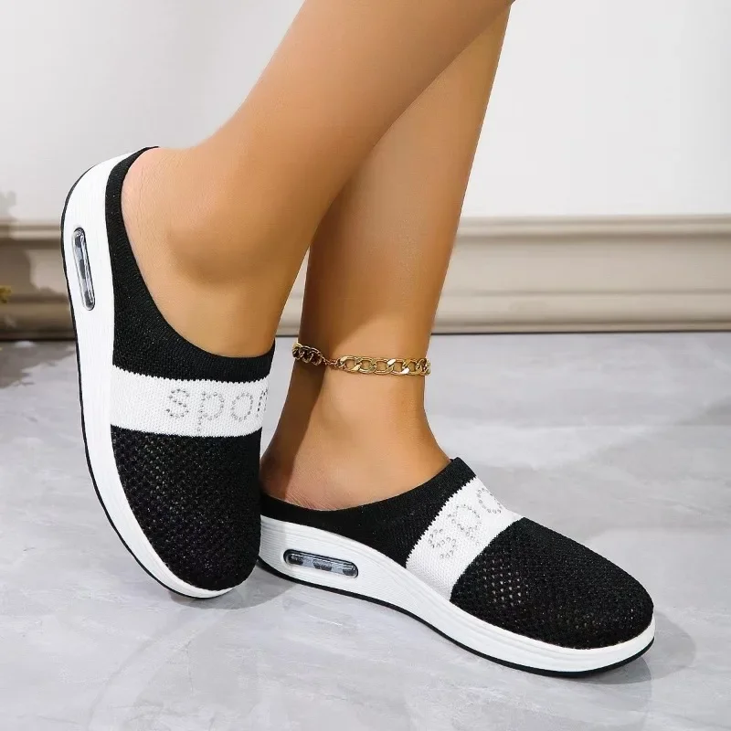 New 2024 Women Mesh Flat Shoes Half Slippers Thick Bottem Slip on Breathable Casual Sandals Breathable Slides Slippers