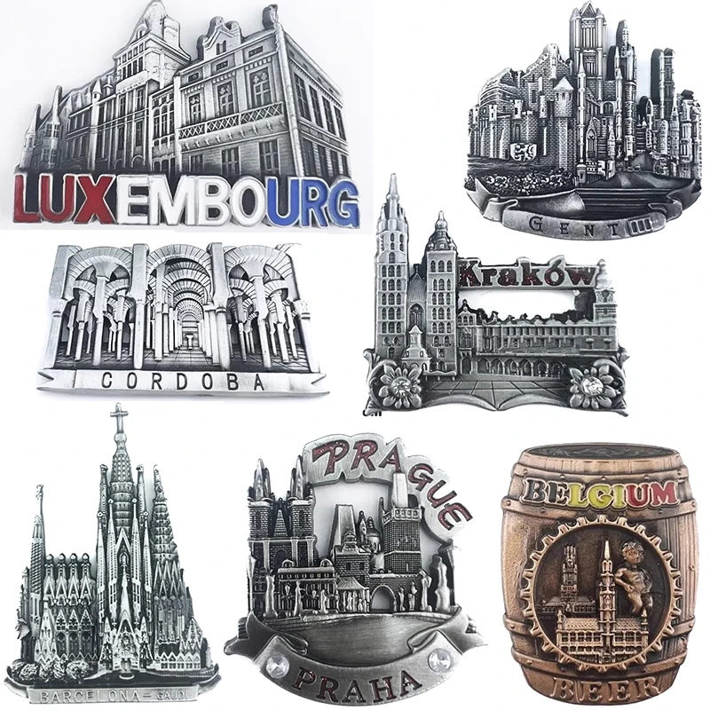 Famous Resorts Metal Fridge Magnets Brugge Berlin Krakow Sagrada Família Prague Travlling Souvenirs Metallic Fridge Stickers