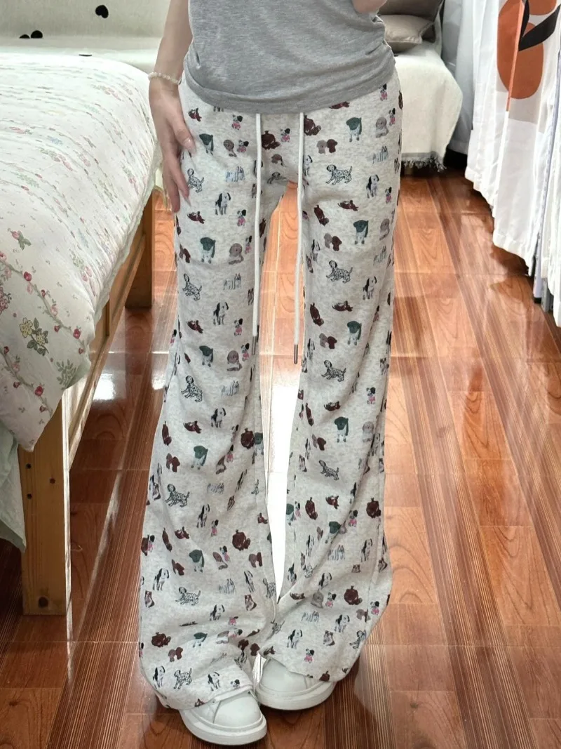 Cartoon Overall Dog Print Sweet Kawaii Pants High Waist Women Fashion Y2k Trousers Casual Summer Korean Flare Pant Wide Leg