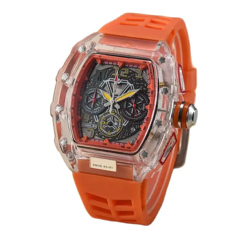 New Rieter crystal transparent multi-function running seconds rotating tourbillon business calendar quartz watch