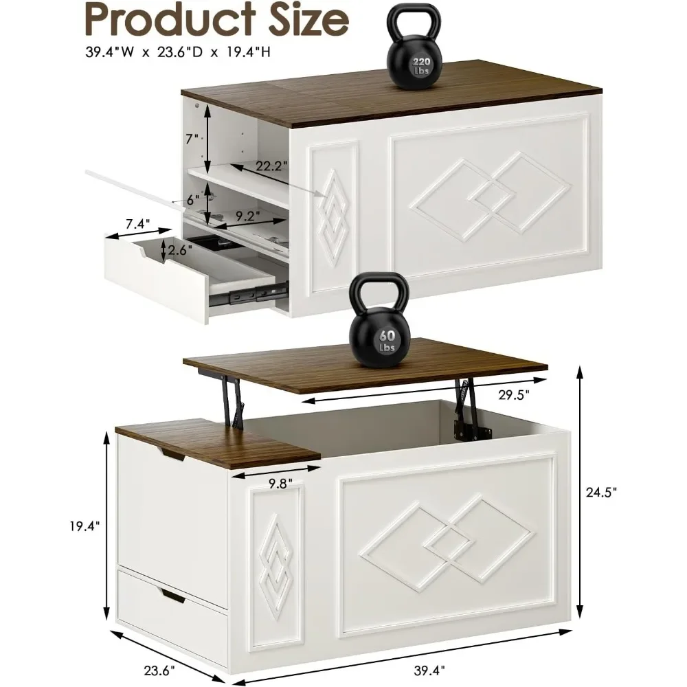 Lift Top Coffee Table, 39.4" Farmhouse Coffees Tables with 3 Large Hidden Storage, Rectangle Coffees Tables, Coffee Table