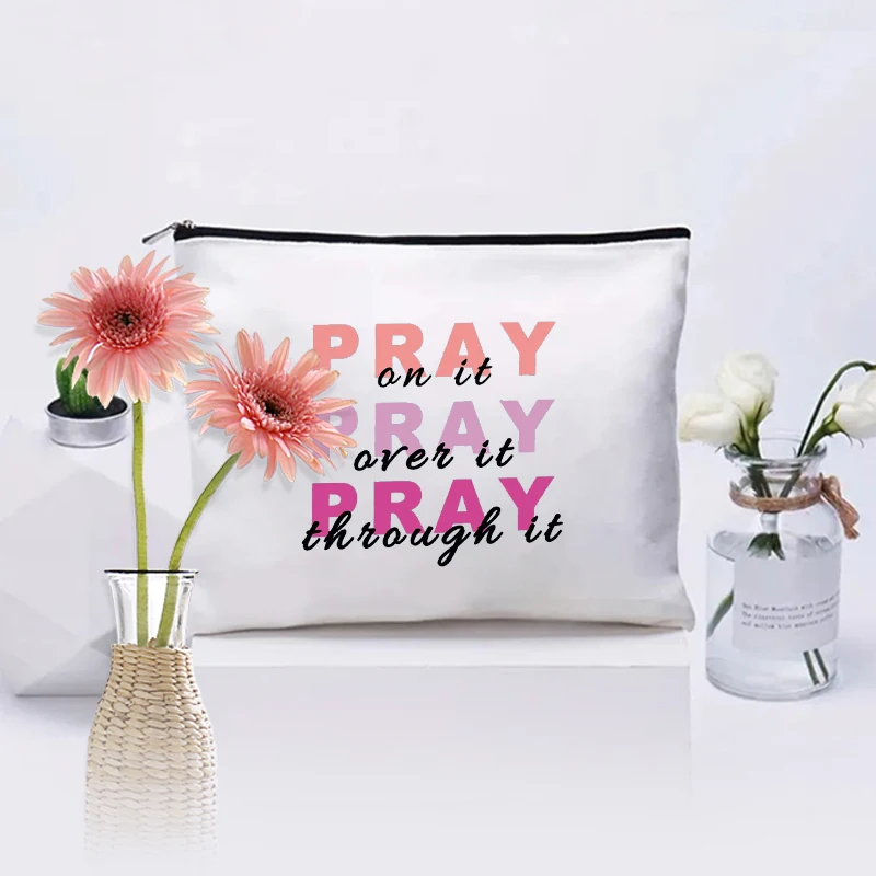 Pray on It Through It Pattern Makeup Bag Religious Gift Christian Women Cosmetic Case Christian Toiletry Pouch Pray Necessities