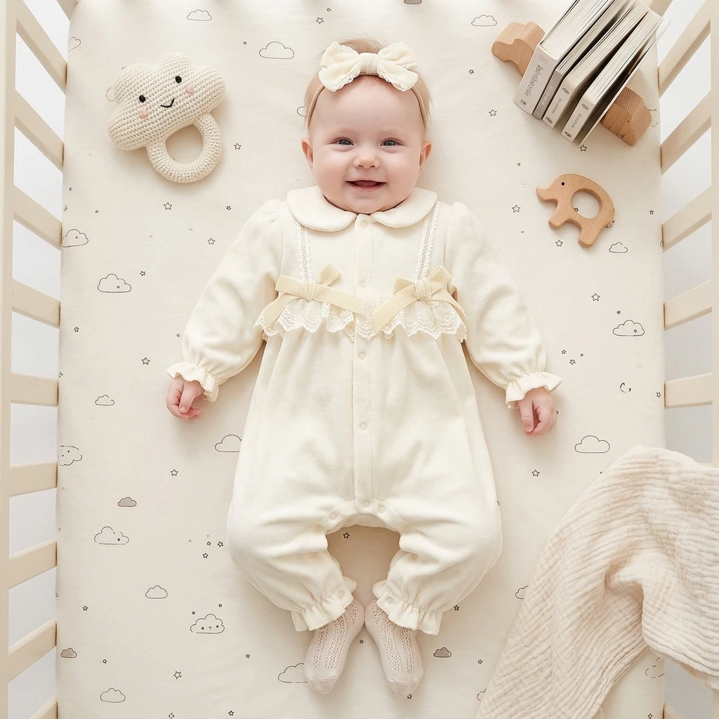 Baby Girls Jumpsuits Winter Long Sleeve Warm Infants Clothing Cute Lace Thickened