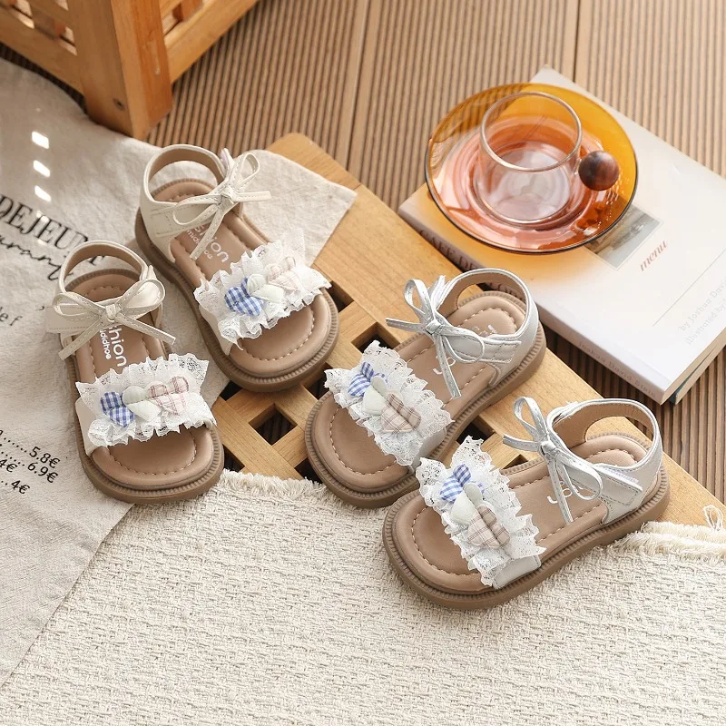 Little Girls Summer Open Toe Sandals Cute Lace Plaid Bow Decor Non Slip Soft Sole Kids Princess Casual Beach Walking Flats Shoes