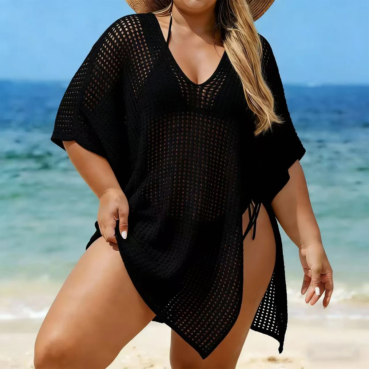 Fashion V Neck Loose Fit Plus Size Knit Top, Summer Beach Vacation Side Tie Hollow Out Cover Up, Plain Pattern Casual Style
