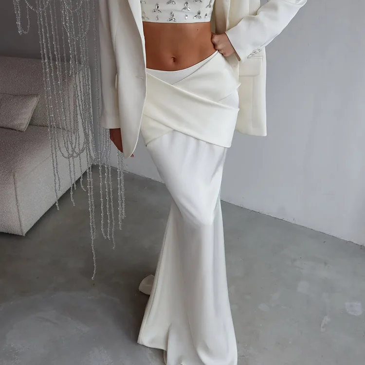 

Модная свободная белая атласная женская юбка 2026 года, облегающая, с завышенной талией, макси, элегантная, шикарная, однотонная, женская одежда