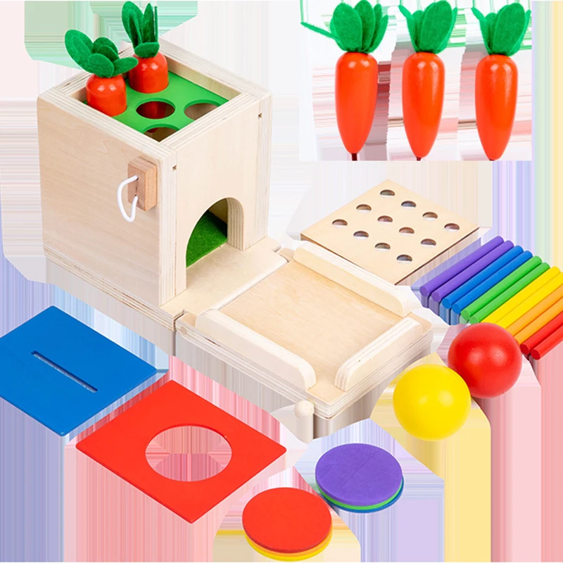 Baby Wooden Montessori Toys Toddlers Play Kit 4 in 1 Object Permanence Box Coin Box Carrot Harvest Color Match Sticks Drop Game