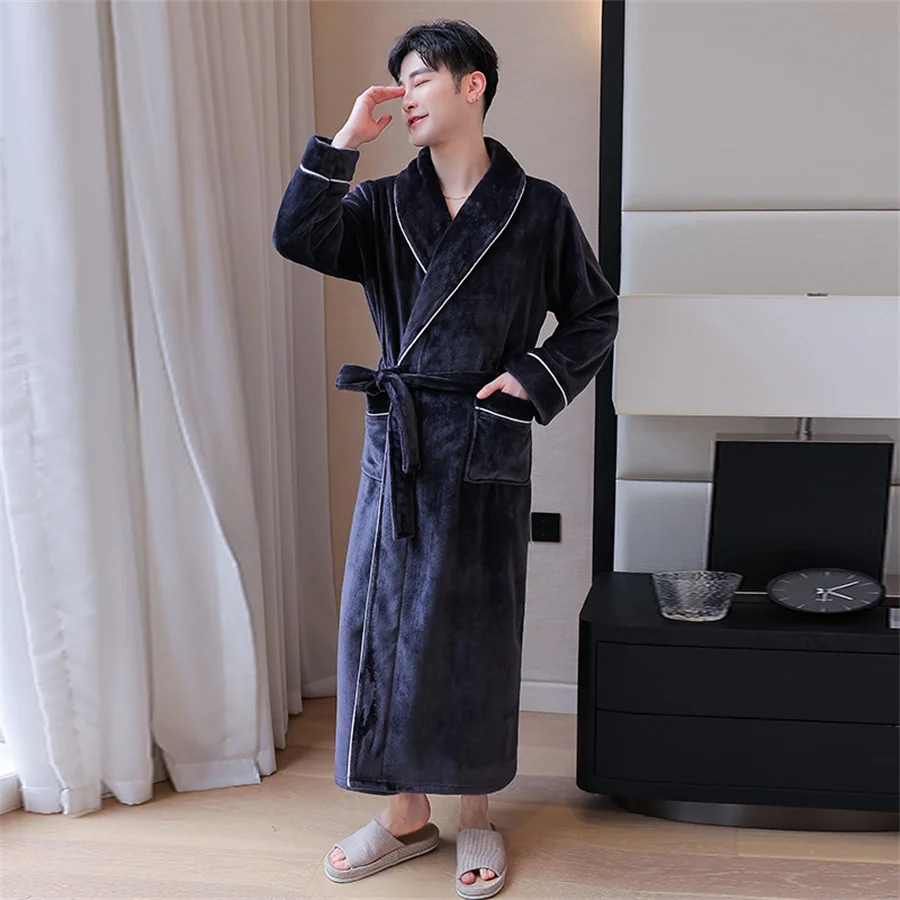 Men\'s Winter Thicken Flannel Robes V Neck Warm Bathrobe with Belt Men Fluffy Shower Robe Dressing Gown Male Sleepwear Housewear