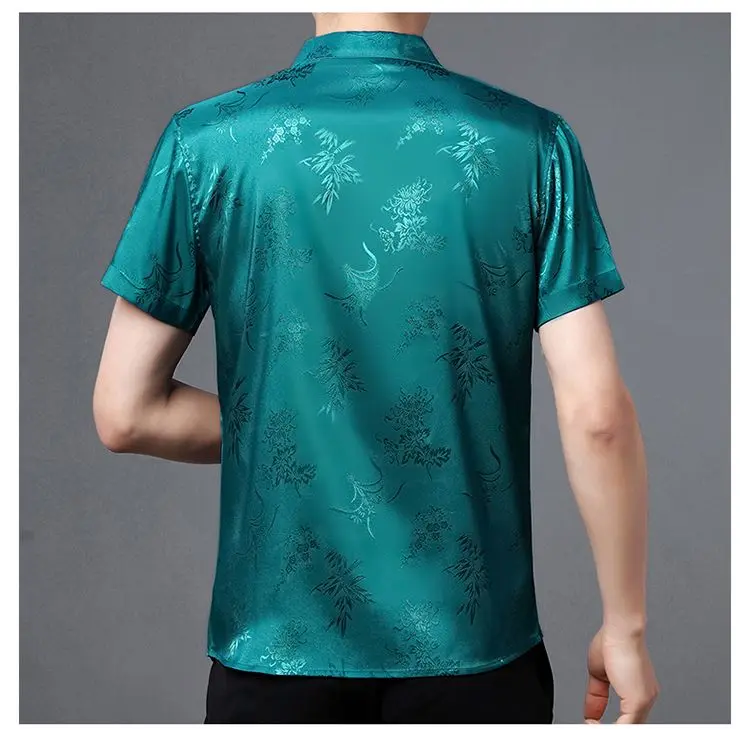 Chinese Style Men's Short-sleeved Printed Shirt Retro Floral Versatile Casual Glossy High-end Middle-aged Non-iron Shirt JJ1533