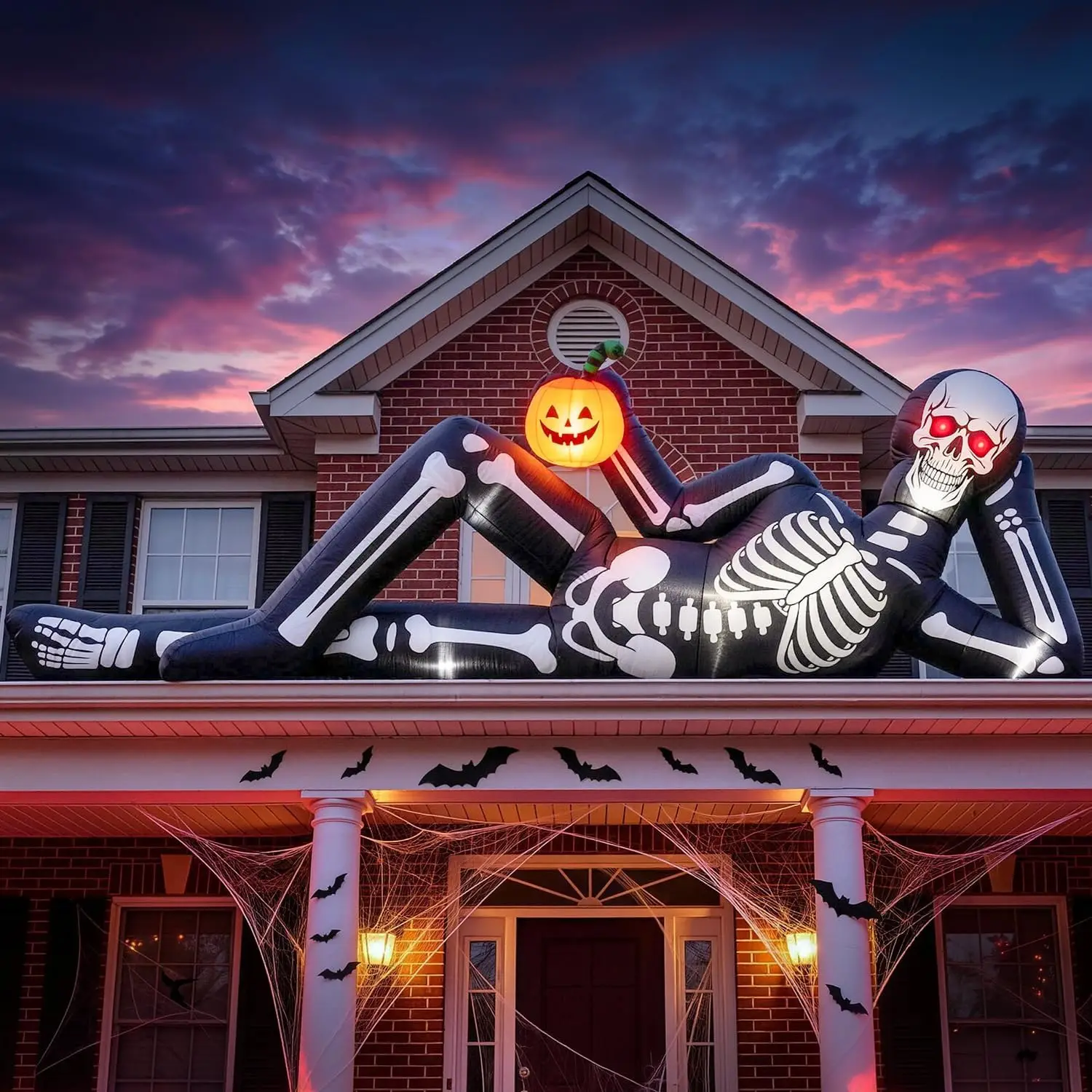 12FT Halloween Inflatable Lying Skeleton Decoration Holding Pumpkin Trunk | Giant Blow Up Reclining Skull with Glowing Red LED E