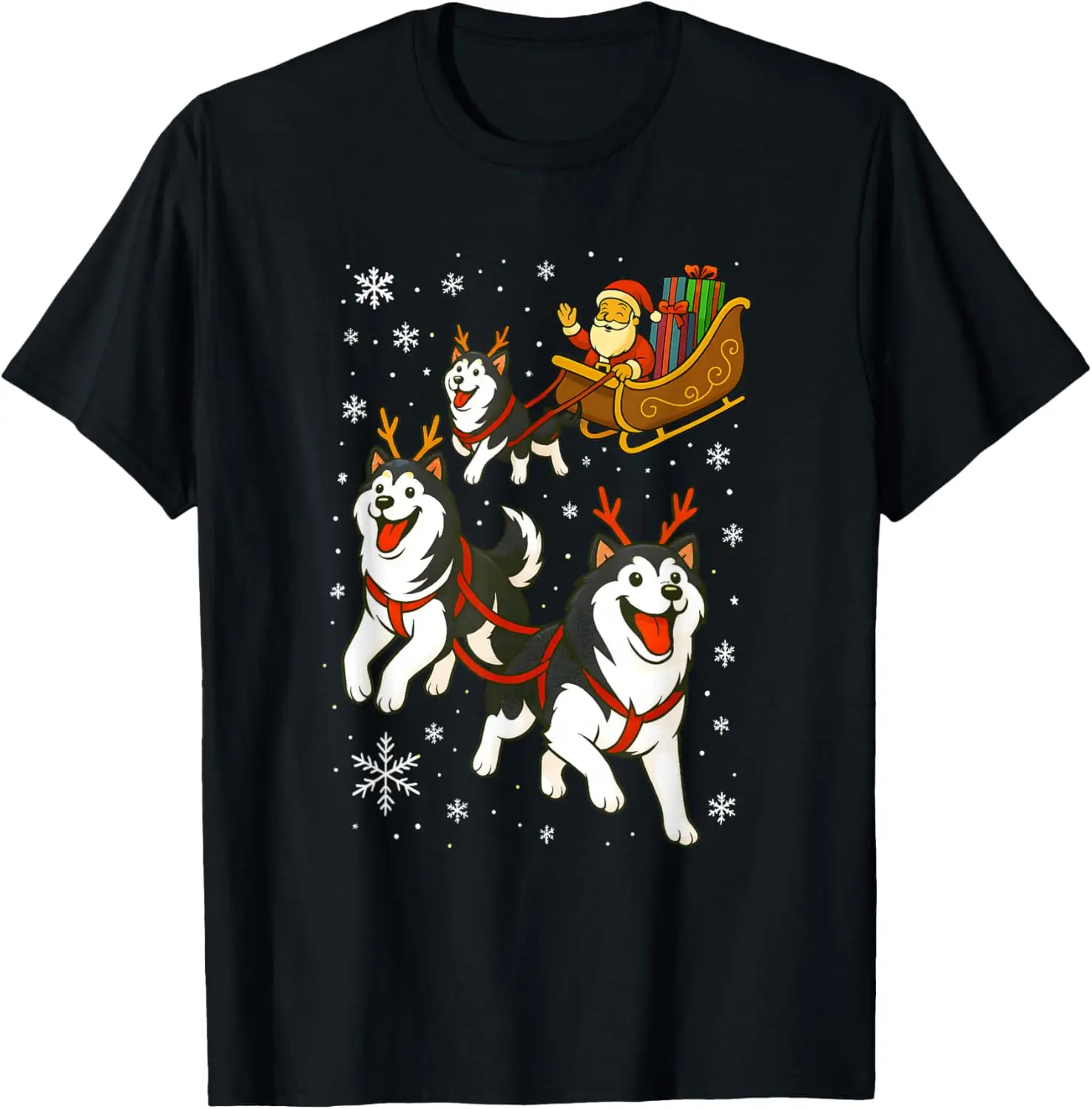 

Siberian Husky Santa Sleigh Christmas Dog Lover Graphic Tee Funny Holiday Gift