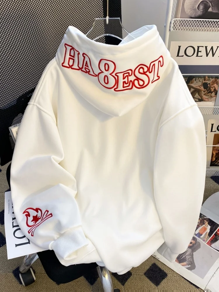 

Ретро-американский вышитый худи-свитшот свободного кроя для осени и зимы, уличная одежда для пар, с узором в виде пламени, из хлопковой ткани