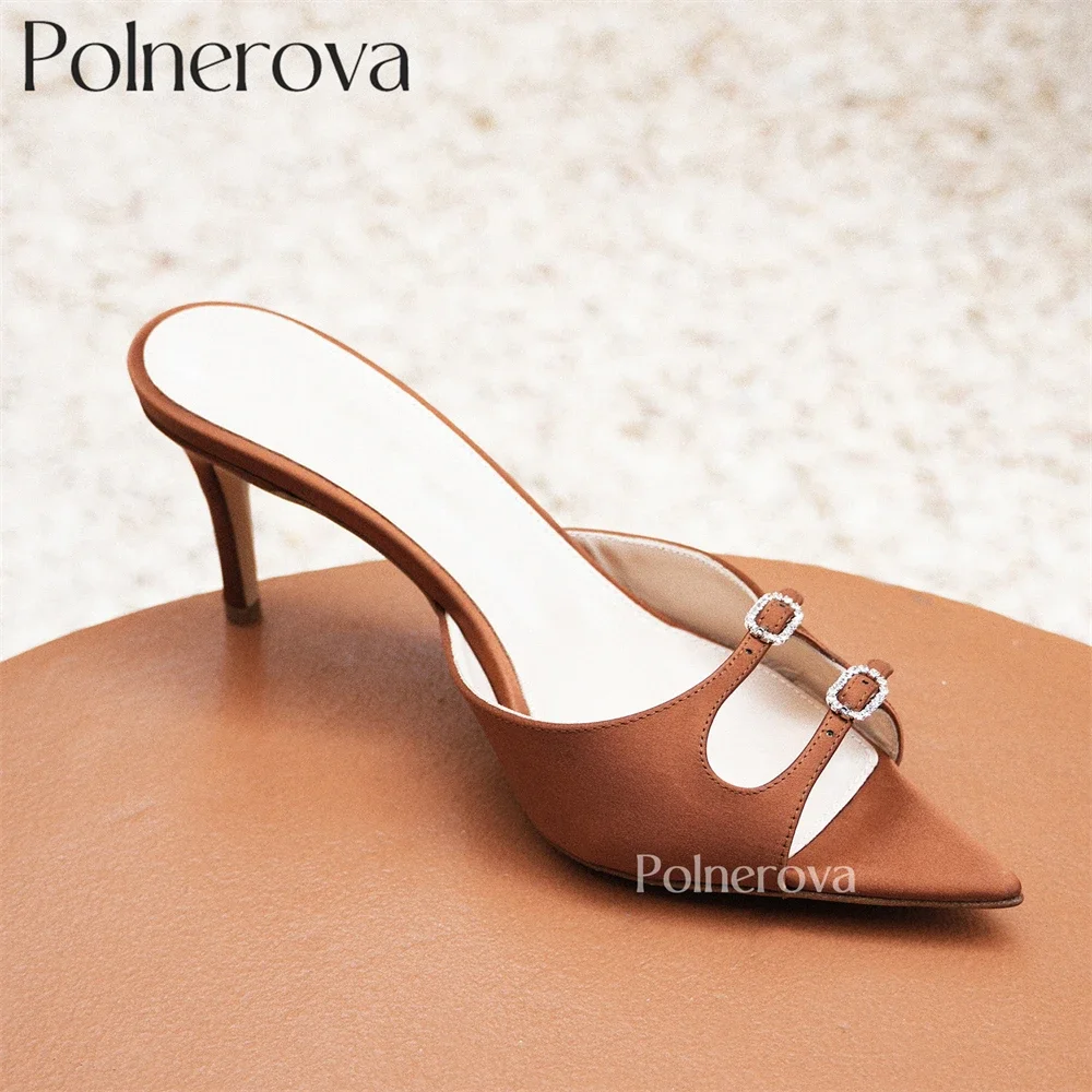 Double Striking Buckle Stiletto Mules Open Pointed Toe Slippers Shimmering Rhinestones Handmade Footwear for Women Summer Heels