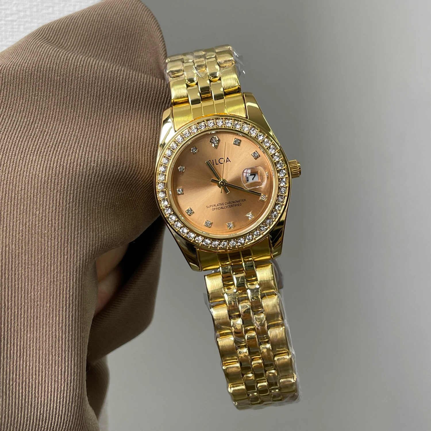 

CILOA Womens Round Gold Two Tone Watch Champagne Dial Crystal Bezel Single Date Stainless Steel Bracelet Quartz Wristwatch
