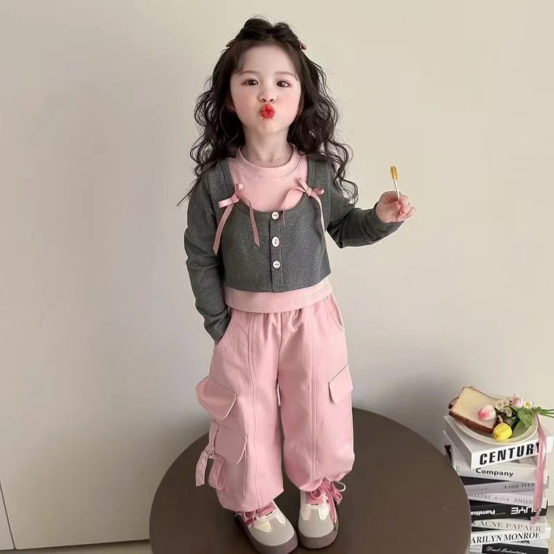 Girls' Spring and Autumn Set Children's New Fashionable Fake Two piece Top Baby Girls' Bow T-shirt+Work Pants Two piece Set