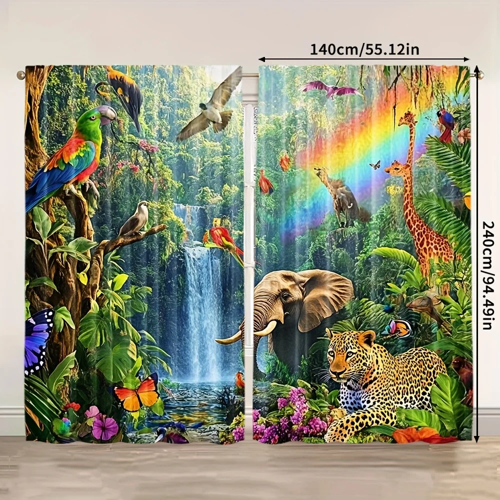 Vibrant Tropical Rainforest Jungle Safari Curtain Panel Waterfall Wildlife Animal Print Drapes Mural Curtains for Kids Nursery