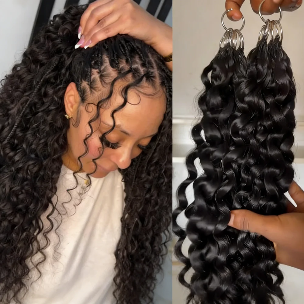 Kleine spiraalvormige krullende bundels gehaakt mensenhaar, diep gekruld, met onzichtbare knooploze binding, herwerkbare featherhair extensions.
