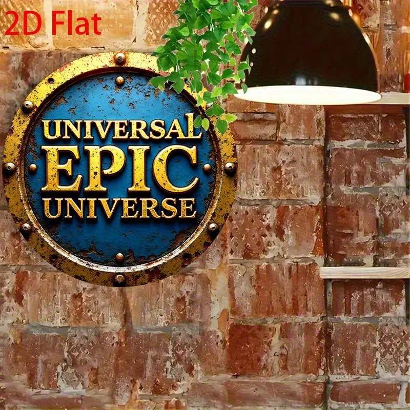 مسطح ثنائي الأبعاد، قطعة واحدة من لافتة ديكور الحائط المستديرة القديمة تشبه المعدن العتيق - حروف ذهبية ملحمية للكون، مخطط ألوان أزرق وذهبي ريفي #6