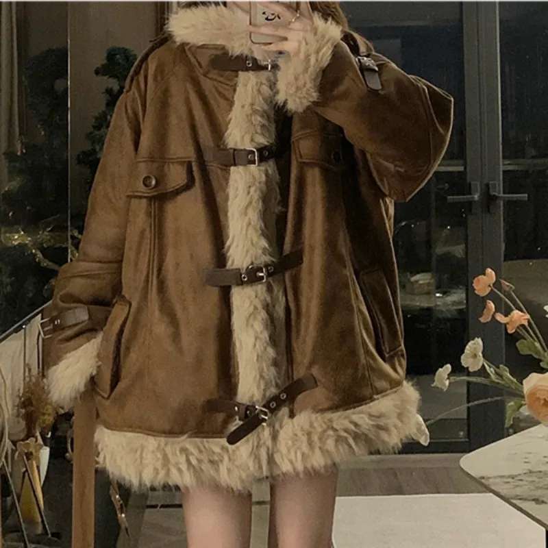 Matakawa Y2k Vintage Jackets for Women Faux Fur Patchwork Thick Warm Couple Chaquetas Mujer Vintage Loose Veste Femme