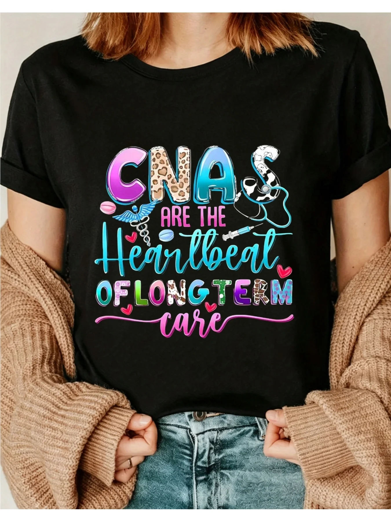 Printed Women's Casual T-Shirt with Round Neck, Short Sleeves, and Slightly Stretchy Fabric, Regular Fit, Comfortable Top, Suitable for All Seasons. 50I01 Round Neck Short-Sleeved Top, Suitable for All Seasons, Casual and Versatile