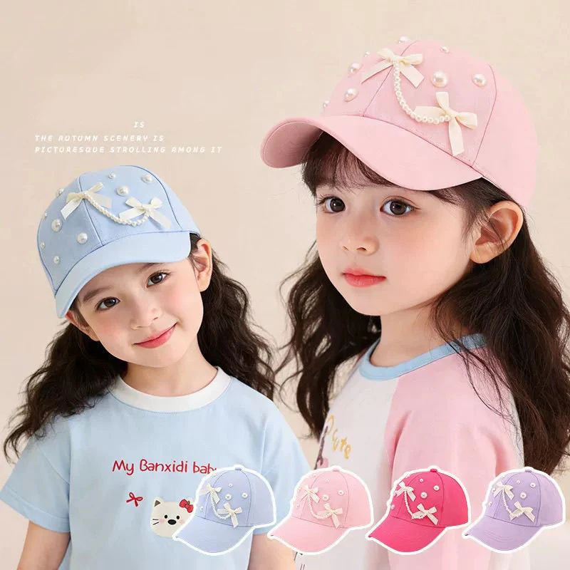 Pearl Pendant Bow Baseball Cap for Girl Duck Tongue Hat Long-Brim Kids Sun Hats Pink Purple Color Children Peaked Caps 2-9Year