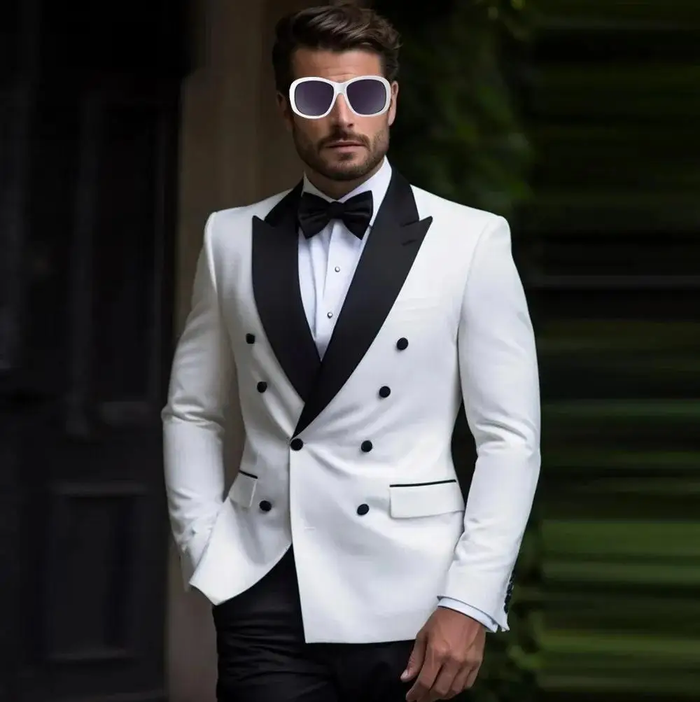 

White Men Suit Formal Double Breasted Wedding Party Groom Groomsman Business Male Tuxedos Customized 2 Piece Set Jacket Pants