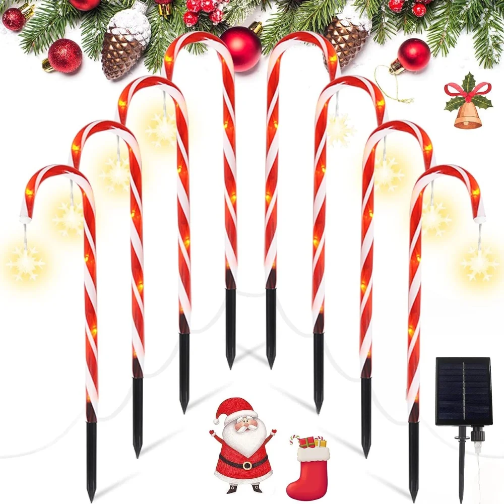 5/8PCS Red Solar Christmas Candy Snowflake Cane Lights Waterproof LED Garden Stake Lamps for Outdoor Lawn Pathway Holiday Decor