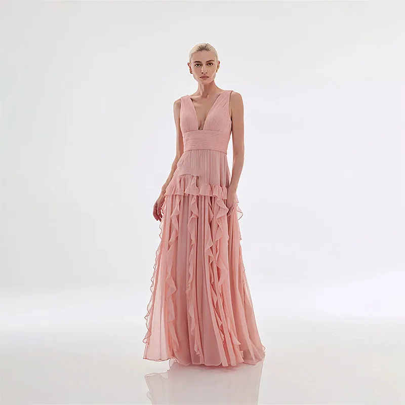 Elegantes langes Ballkleid mit V-Ausschnitt A-Linie rücken freie Chiffon-Hochzeits kleider boden langes Abendkleid nach Maß 2024