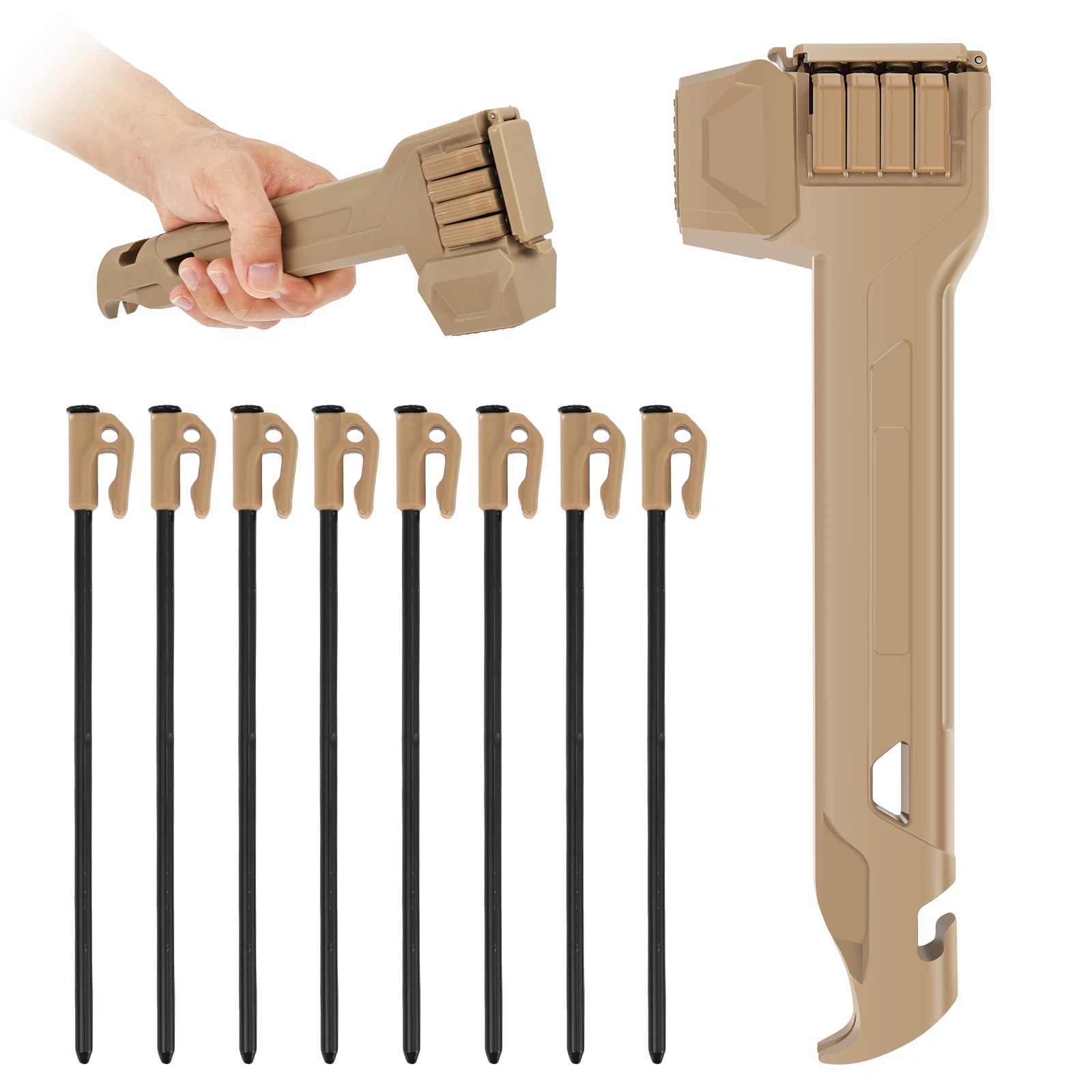 3 In 1 Multi-functional Camping Hammer with Nail Puller & Bottle Opener Camping Mallet Tent Stake Puller with 8 Pegs for Outdoor