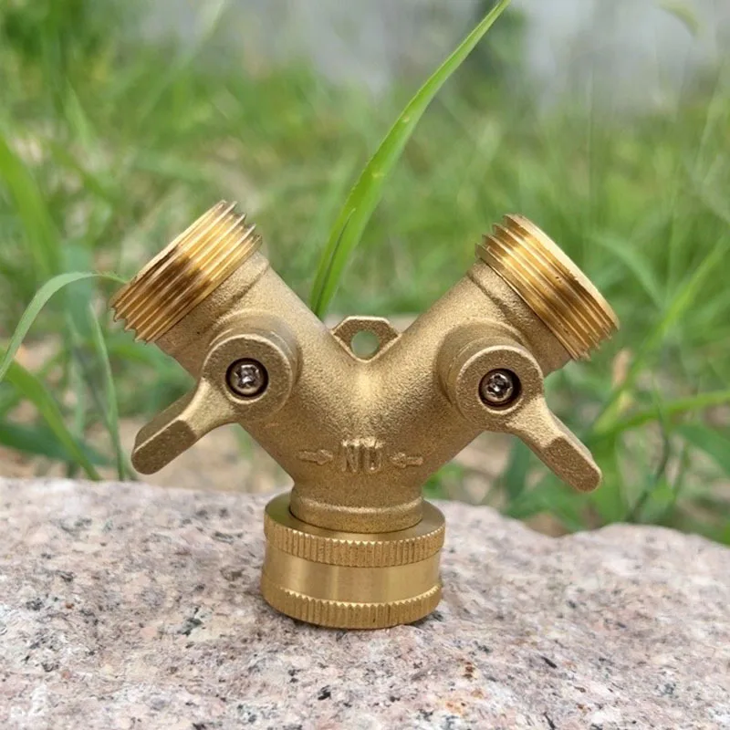 موزع خرطوم الحديقة النحاسي (طريقتان)، خرطوم مياه نحاسي صلب عالي التحمل، 2 صمامات، مقسم صنبور خارجي 3/4 بوصة #5