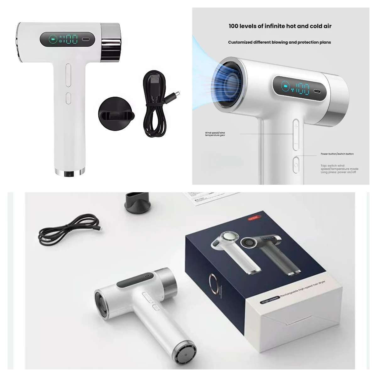 

Super Portable USB Charging Wireless Hair Dryer 100000RPM High Wind Powerful Cold/Hot Air Styling Tools LED Display