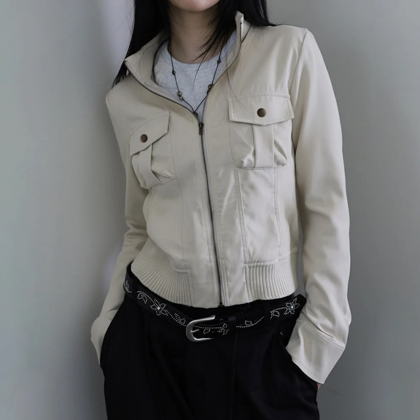 

Autumn Women's Stand up Collar Cardigan Jacket Loose Short Style Trendy Top Personalized Fashion for Ladies